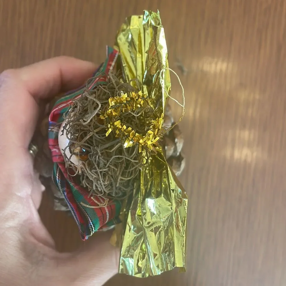 Fun & kitschy pine cone singing angel Christmas ornament with gold‎ wings & halo